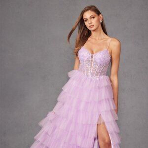 NEW LONG FORMAL SLEEVELESS BALL GOWN WITH RUFFLED SKIRT & LACE UP BACK JT2458A